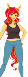 Size: 878x2378 | Tagged: safe, artist:chiweee, sunset shimmer, equestria girls, g4, belly button, clothes, curvy, cute, eared humanization, ears, female, happy, humanized, leggings, open mouth, solo, tail, tailed humanization, tank top