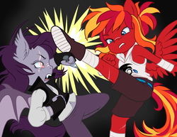 Size: 1024x792 | Tagged: safe, artist:catnip1996, oc, oc only, oc:fire strike, oc:knightfall, bat pony, pegasus, anthro, plantigrade anthro, fight, kick, kunai, scar, tape