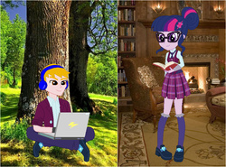 Size: 821x609 | Tagged: safe, artist:karalovely, sci-twi, twilight sparkle, oc, oc:gas rock, equestria girls, g4, book, clothes, computer, crystal prep academy uniform, headphones, laptop computer, school uniform