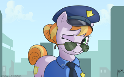 Size: 1754x1094 | Tagged: safe, artist:wonkysole, copper top, earth pony, pony, g4, the gift of the maud pie, clothes, female, glasses, mare, one eye closed, police officer, police pony, solo, sunglasses