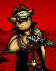 Size: 2040x2596 | Tagged: safe, artist:kukotte, applejack, earth pony, anthro, g4, crossover, female, gun, high res, red dead redemption, shotgun, solo, weapon