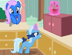 Size: 3300x2550 | Tagged: safe, artist:badumsquish, derpibooru exclusive, trixie, oc, earth pony, pony, g4, :t, badumsquish is trying to murder us, bow, cookie, cookie jar, cute, diatrixes, duct tape, duo, female, filly, food, frown, glare, gritted teeth, hair bow, high res, hoof hold, kitchen, krazy glue, leaning, lego, levitation, magic, mother, mother and daughter, smiling, smirk, straining, super glue, tail bow, telekinesis, the kragle, the lego movie, window, younger