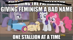 Size: 889x488 | Tagged: safe, artist:psyga315, edit, edited screencap, screencap, maud pie, pinkie pie, rarity, street rat, g4, the gift of the maud pie, 1000 years in photoshop, caption, feminism, feminism is magic, image macro, meme, misandry, op is a duck, op is trying to start shit, patriarchy, social justice warrior