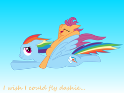 Size: 1024x768 | Tagged: safe, artist:laserbiskit, rainbow dash, scootaloo, g4, excited, eyes closed, floppy ears, flying, gradient background, looking back, open mouth, ponies riding ponies, riding, scootaloo riding rainbow dash, scootalove, smiling, spread wings