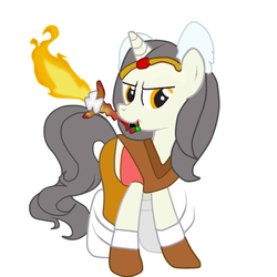 Size: 650x650 | Tagged: safe, artist:lion-grey, oc, oc only, oc:short fuse, clothes, crossdressing, hunter outfit, male, solo, tibia, wand of inferno