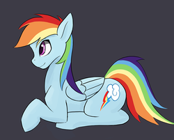 Size: 900x723 | Tagged: safe, artist:kuri_art, rainbow dash, g4, female, prone, simple background, smiling, solo