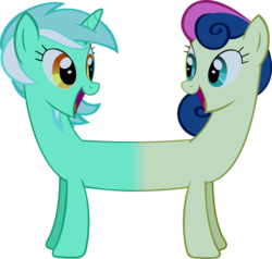 Size: 3000x2858 | Tagged: safe, artist:bluetech, bon bon, lyra heartstrings, sweetie drops, earth pony, pony, unicorn, do princesses dream of magic sheep, g4, .svg available, female, funny, fusion, high res, inkscape, lesbian, looking at each other, lyrabon (fusion), mare, open mouth, pushmi-pullyu, shared dream, ship:lyrabon, shipping, simple background, smiling, transparent background, vector