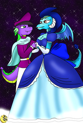 Size: 1181x1748 | Tagged: safe, artist:odiz, princess ember, spike, dragon, anthro, g4, breasts, busty princess ember, cleavage, clothes, dress, female, gown, male, size difference, smaller male