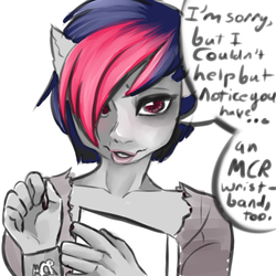 Size: 1000x1000 | Tagged: safe, artist:botanricecandy, oc, oc only, oc:miss eri, anthro, anthro oc, black and red mane, emo, my chemical romance, solo, two toned mane