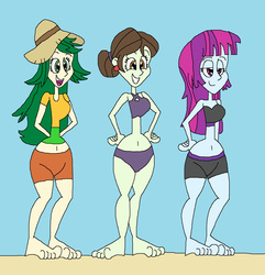 Size: 1645x1705 | Tagged: safe, artist:hunterxcolleen, mystery mint, sophisticata, sweet leaf, human, equestria girls, g4, 1000 hours in ms paint, background human, beach, belly button, bikini, clothes, feet, ms paint, shorts, swimsuit