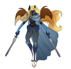 Size: 1000x973 | Tagged: safe, artist:melodybell, oc, oc only, oc:regina liliac, bat pony, anthro, anthro oc, bat pony oc, cape, clothes, dual sword, female, looking at you, mare, solo, sword, weapon