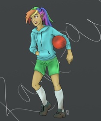 Size: 1440x1728 | Tagged: safe, artist:huckleberrypony, rainbow dash, human, g4, basketball, clothes, female, hoodie, humanized, kneesocks, shorts, solo