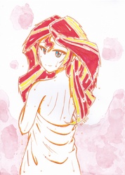 Size: 2468x3476 | Tagged: safe, artist:deeemperor, sunset shimmer, equestria girls, g4, female, high res, looking back, naked towel, smiling, solo, towel, traditional art, wet