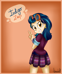 Size: 1024x1210 | Tagged: safe, artist:queentigrel, indigo zap, equestria girls, g4, my little pony equestria girls: friendship games, clothes, ear piercing, earring, female, goggles, gradient background, jewelry, looking at you, looking back, looking back at you, looking over shoulder, over shoulder, peace sign, piercing, school uniform, solo