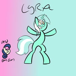 Size: 1000x1000 | Tagged: safe, artist:goldenled, bon bon, lyra heartstrings, sweetie drops, earth pony, pony, g4, bipedal, bon bon is not amused, gradient background, irrational exuberance, looking at you, lyra is amused, smiling, text