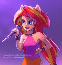 Size: 660x688 | Tagged: dead source, safe, artist:grissaecrim, sunset shimmer, equestria girls, g4, my little pony equestria girls: rainbow rocks, bracelet, female, jewelry, microphone, open mouth, patreon, ponied up, singing, sleeveless, solo
