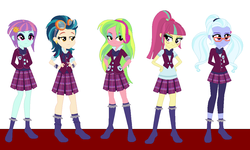 Size: 1118x670 | Tagged: safe, artist:eli-j-brony, artist:selenaede, indigo zap, lemon zest, sour sweet, sugarcoat, sunny flare, equestria girls, g4, my little pony equestria girls: friendship games, base used, clothes, crystal prep academy uniform, crystal prep shadowbolts, hand on hip, headphones, missing shoes, school uniform, shadow five, socks