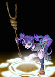 Size: 1000x1416 | Tagged: safe, artist:ddd1983, starlight glimmer, human, g4, angry, child, corrupted, crying, female, horn, horned humanization, humanized, looking at you, magic, pigtails, pony coloring, s5 starlight, solo, staff, staff of sameness, tailed humanization, younger