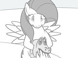 Size: 1024x768 | Tagged: safe, artist:vulapa, fluttershy, gummy, oc, oc:anon, human, pony, g4, adult, biting, cyoa, cyoa:life in ponyville, first person view, hand, monochrome, nom, offscreen character, pov, story included