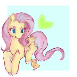 Size: 1000x1000 | Tagged: safe, artist:headphonehijack, fluttershy, chicken, pegasus, pony, g4, chick, female, flutterhen, heart, mare, prone, simple background, solo