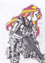 Size: 2468x3476 | Tagged: safe, artist:deeemperor, sunset shimmer, equestria girls, g4, badass, call of duty, call of duty: advanced warfare, crossover, exosuit, female, high res, no trigger discipline, solo