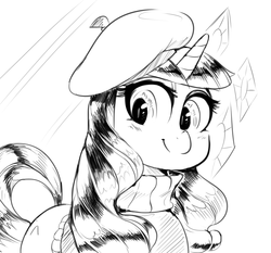 Size: 1075x1000 | Tagged: dead source, safe, artist:sirmasterdufel, rarity, g4, beatnik rarity, beret, clothes, female, hat, monochrome, solo, sweater, turtleneck