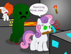 Size: 800x600 | Tagged: artist needed, safe, sweetie belle, oc, pony, robot, robot pony, unicorn, friendship is witchcraft, g4, blank flank, creeper, female, filly, foal, hooves, horn, lava, minecraft, mouth hold, open mouth, sweetie bot, this will end in pain, this will end in pain and/or death, this will end in tears
