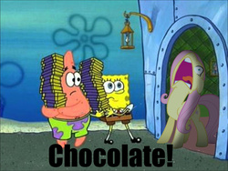 Size: 1440x1080 | Tagged: safe, fluttershy, g4, scare master, chocolate, chocolate with nuts, flutterscream, food, image macro, male, meme, patrick star, spongebob squarepants, spongebob squarepants (character)
