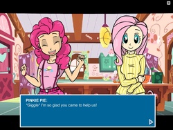 Size: 1024x768 | Tagged: safe, artist:kreoss, fluttershy, pinkie pie, human, g4, 2011, bracelet, closed mouth, clothes, dialogue, dialogue box, duo, eyes closed, female, humanized, jewelry, looking at you, mockup, open mouth, smiling, sugarcube corner, suspenders, sweater, sweatershy, t-shirt, text, visual novel
