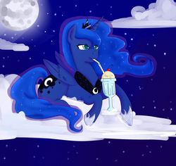 Size: 1753x1655 | Tagged: safe, artist:eliizadesu, princess luna, g4, cloud, female, milkshake, moon, prone, solo