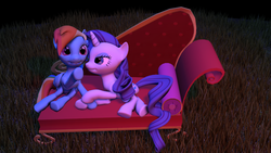 Size: 1280x720 | Tagged: safe, artist:zeb, derpibooru exclusive, rainbow dash, rarity, pegasus, pony, unicorn, g4, 3d, bedroom eyes, couch, female, fireworks, lesbian, ship:raridash, shipping, source filmmaker