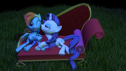 Size: 1280x720 | Tagged: safe, artist:zeb, derpibooru exclusive, rainbow dash, rarity, pegasus, pony, unicorn, g4, 3d, cheek kiss, couch, female, fireworks, kissing, lesbian, ship:raridash, shipping, source filmmaker