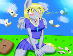 Size: 4320x3312 | Tagged: safe, artist:ramoncrimson935, derpy hooves, anthro, g4, belly button, blushing, clothes, female, high res, letter, mailbag, mailmare, midriff, mouth hold, pleated skirt, shirt, short shirt, skirt, solo