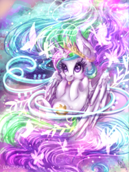 Size: 1500x2000 | Tagged: safe, artist:karmamoonshadow, princess celestia, butterfly, g4, cewestia, color porn, cute, cutelestia, female, filly, magic, solo, spread wings, starry eyes, tongue out, wingding eyes