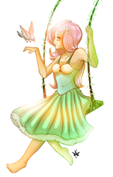 Size: 873x1365 | Tagged: safe, artist:cabbage-arts, fluttershy, bird, human, g4, barefoot, clothes, dress, feet, female, humanized, sitting, smiling, solo, swing