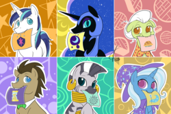 Size: 1920x1278 | Tagged: safe, artist:valcron, doctor whooves, granny smith, nightmare moon, shining armor, time turner, trixie, zecora, alicorn, earth pony, pony, unicorn, zebra, g4, adorasmith, bowtie, cute, cutie mark, diatrixes, doctorbetes, female, male, mare, moonabetes, mouth hold, necktie, shining adorable, stallion, zecorable