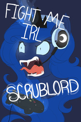 Size: 2000x3000 | Tagged: safe, artist:evehly, princess luna, alicorn, pony, gamer luna, g4, angry, controller, crown, dialogue, fangs, female, forked tongue, headset, high res, jewelry, magic, rage, reeee, regalia, sharp teeth, solo, teeth, telekinesis, yelling