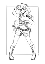 Size: 679x960 | Tagged: artist needed, source needed, safe, applejack, equestria girls, g4, cowboy hat, female, hat, looking at you, monochrome, ponied up, pose, simple background, solo, stetson