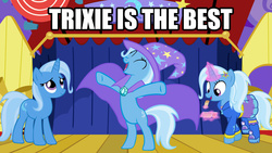 Size: 1280x720 | Tagged: safe, trixie, pony, unicorn, g4, best pony, cape, caption, clothes, crackers, dress, eating, equestria girls outfit, female, food, hat, image macro, levitation, magic, mare, multeity, peanut butter, peanut butter crackers, self ponidox, stage, telekinesis, text, triality, trixie army, trixie's cape, trixie's hat