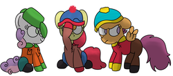 Size: 2725x1198 | Tagged: safe, artist:pastelhorses, apple bloom, scootaloo, sweetie belle, g4, clothes, costume, crossover, cutie mark crusaders, eric cartman, kyle broflovski, male, south park, stan marsh