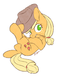 Size: 800x1069 | Tagged: dead source, safe, artist:sion, applejack, earth pony, pony, g4, applejack's hat, cowboy hat, female, hat, looking at you, mare, on back, signature, simple background, solo, straw, white background