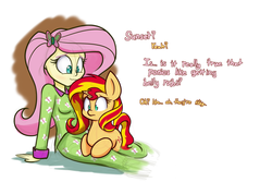 Size: 1280x853 | Tagged: safe, artist:heir-of-rick, fluttershy, sunset shimmer, pony, unicorn, equestria girls, g4, colored pupils, cute, dialogue, duo, imminent belly rub, no pupils, shimmerbetes, shyabetes, simple background, white background