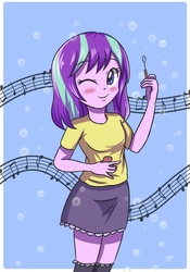 Size: 1024x1465 | Tagged: safe, artist:sumin6301, starlight glimmer, equestria girls, g4, alternate hairstyle, blushing, bubble, cute, equestria girls-ified, female, glimmerbetes, looking at you, loose hair, music notes, solo, wink