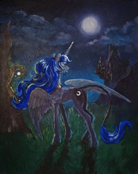 Size: 3292x4128 | Tagged: safe, artist:dalagar, princess luna, alicorn, pony, g4, canterlot, female, high res, leonine tail, mare, moon, night, solo, spread wings, traditional art