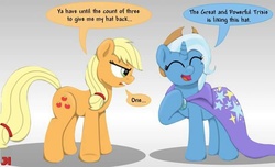 Size: 720x438 | Tagged: safe, artist:ljdamz1119, applejack, trixie, pony, unicorn, g4, accessory theft, applejack's hat, dialogue, female, hat, mare, needs more jpeg, speech bubble, this will end in tears and/or death