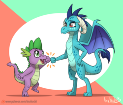 Size: 900x767 | Tagged: safe, artist:inuhoshi-to-darkpen, princess ember, spike, dragon, g4, gauntlet of fire, fist bump