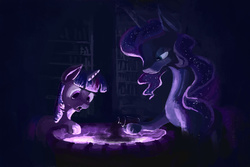 Size: 1772x1181 | Tagged: safe, artist:plainoasis, princess luna, twilight sparkle, alicorn, pony, g4, book, bookshelf, cauldron, darkness, duo, duo female, ethereal mane, female, flask, horn, pink eyes, starry mane, starry tail, surprised, tail, teal eyes