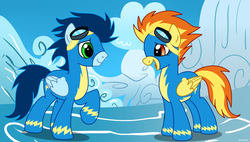 Size: 1024x582 | Tagged: safe, artist:zoruanna, soarin', spitfire, pegasus, pony, g4, cloudsdale, female, male, ship:soarinfire, shipping, smiling, stallion, standing, straight, talking, wonderbolts, wonderbolts uniform