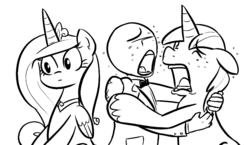 Size: 729x422 | Tagged: safe, artist:shoutingisfun, princess cadance, shining armor, oc, oc:anon, alicorn, human, pony, unicorn, g4, slice of life (episode), black and white, bowtie, crying, crying armor, grayscale, hug, liquid pride, monochrome, sad, sad armor, simple background, whining, whining armor, white background