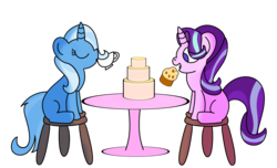 Size: 3661x2227 | Tagged: safe, artist:pastelhorses, starlight glimmer, trixie, pony, unicorn, g4, no second prances, animation error, cake, female, food, high res, mare, missing cutie mark, simple background, tea, transparent background